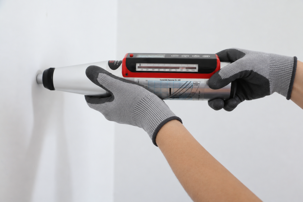 Gloved hands testing concrete strength